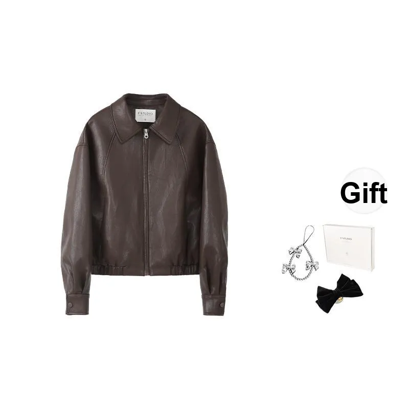 Fstudio Barn Style Korean Petite Travel Multicolor Cropped Elegance Coat PU Leather Jacket Women's