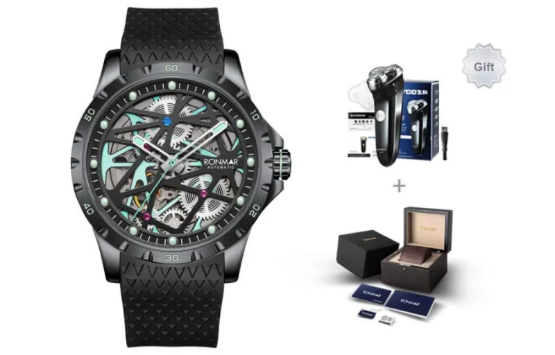 RONMAR Vanishing Sky Collection Automatic Mechanical Movement Rubber Strap Watch Men's Watches Cut Out Dial-8