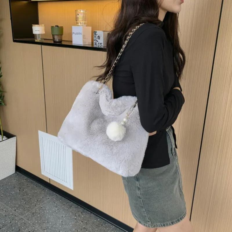 GOX Faux Fur Crossbody Bag, Shoulder Bag Regular Women's White/Gray/Black/Khaki/Pink-11