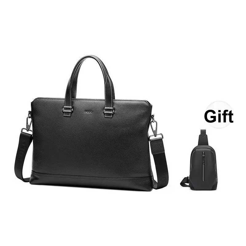 POLO Top Grain Cow Leather Men's Shoulder Bag, Crossbody Bag Briefcase Tubas Men's Black-0