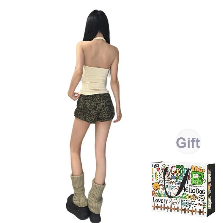 PZHK Denim Shorts Women's Leopard Print Shorts Shopping Bag-1