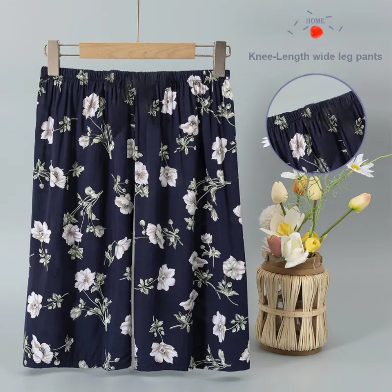 MADALLO Pajama Pants Women's Navy Blue Gardenia Flower-1