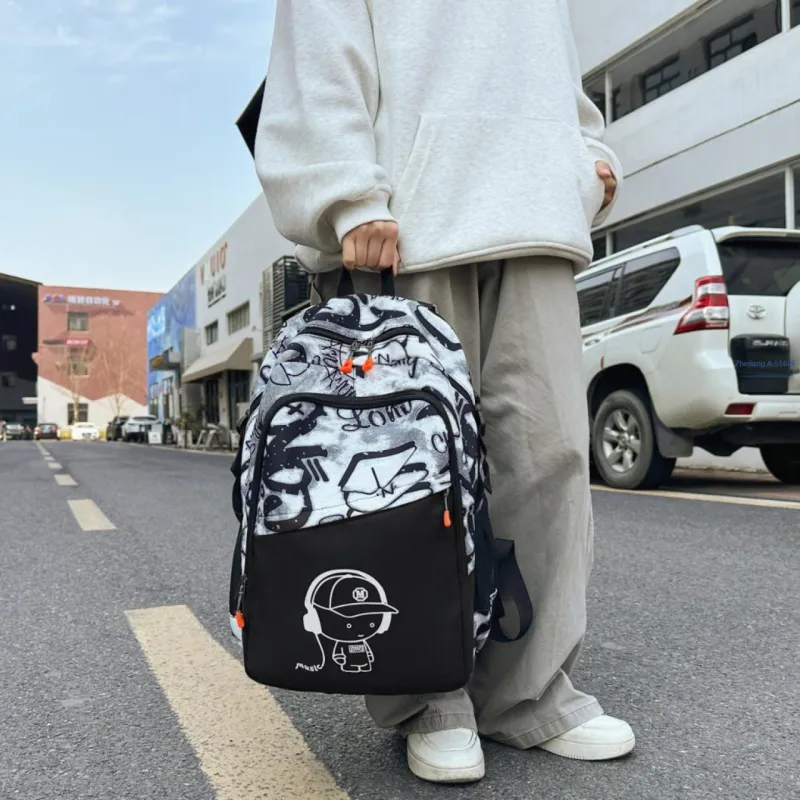MOK Nylon Backpack Regular Unisex Pure Black/White/Blue/Black-9