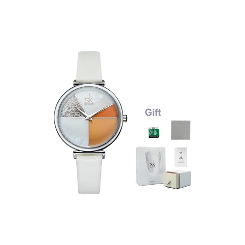 SHENGKE Кварцевый механизм кожаный ремешок женские часы белый циферблат