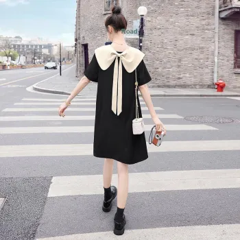 Cypress House Short Sleeved Dress Women's Black Beige White Collar