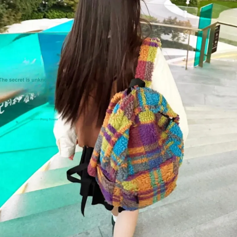 UNITE STAR Sherpa High End Christmas Atmosphere Backpack Unisex Orange Red Plaid Multicolor-17
