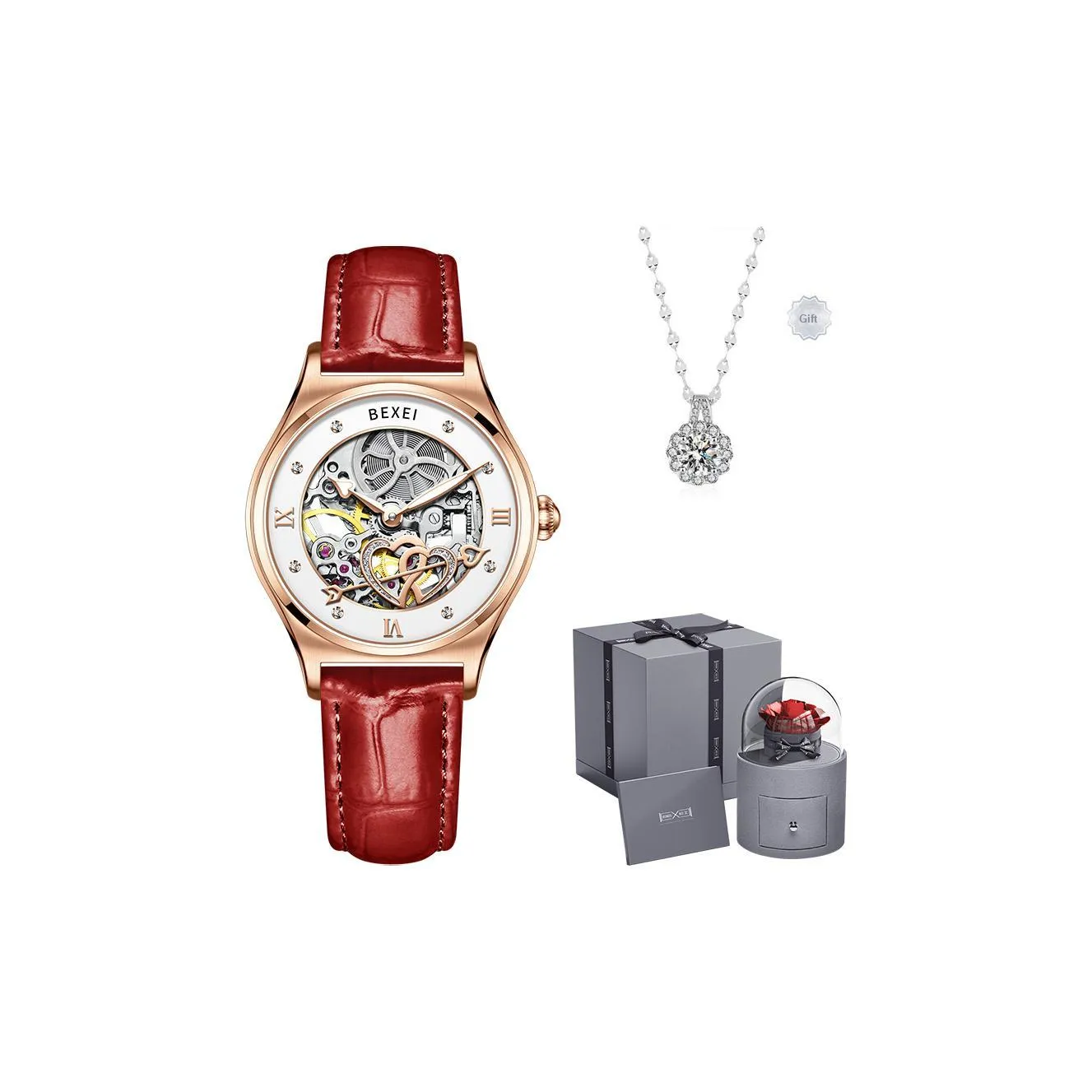 BEXEI Cupid Blessing Arrow Collection Механические часы с кожаным ремешком женские с белым циферблатом