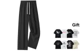 Black[Ice Silk Straight Leg Length Pants]Upgraded (Comes with Short-Sleeved T-Shirt)