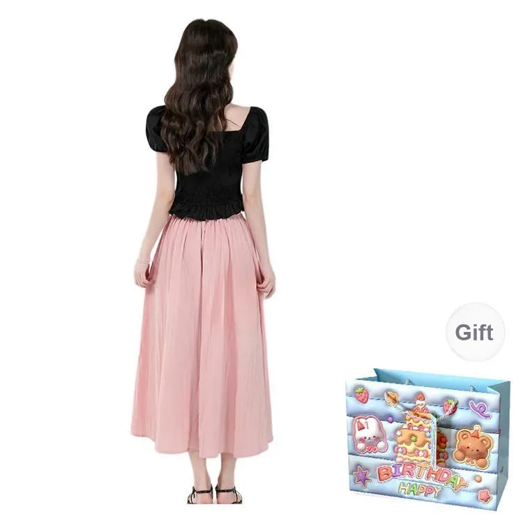 BRASS SCOUT Skirt Set Women's Black Top+Pink Skirt-1