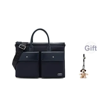PEDRO Fabric With Cow Leather Briefcases Handbags Large Size Men's Black/Blue
