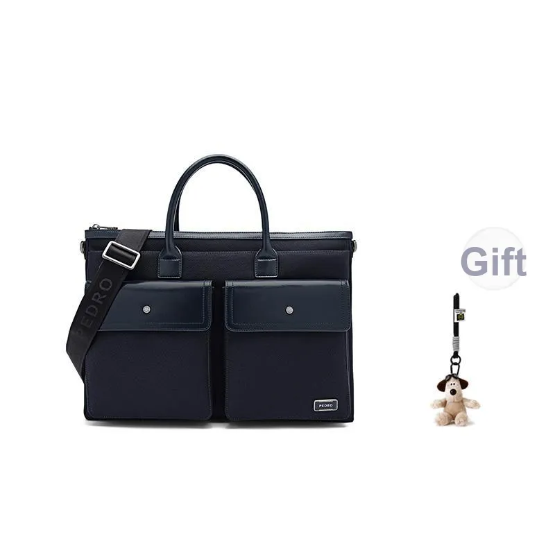 PEDRO Fabric With Cow Leather Briefcases Handbags Large Size Men's Black/Blue-5