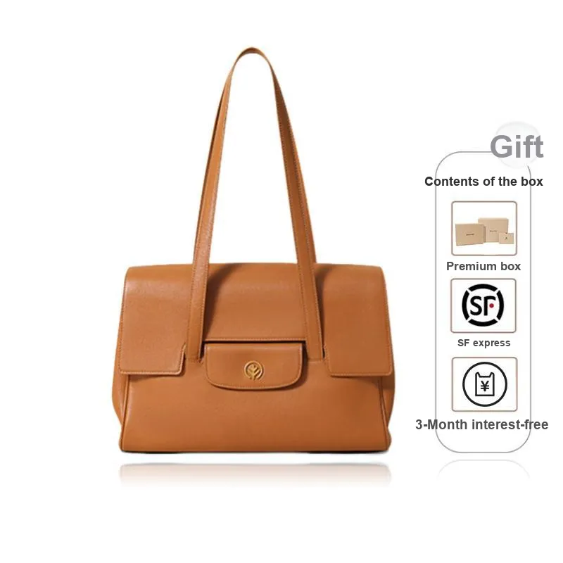 BAGTREE Vegetable Tanned Genuine Leather Dolphin Handbag, Tote Bag, Shoulder Bag Medium Size Women's Caramel