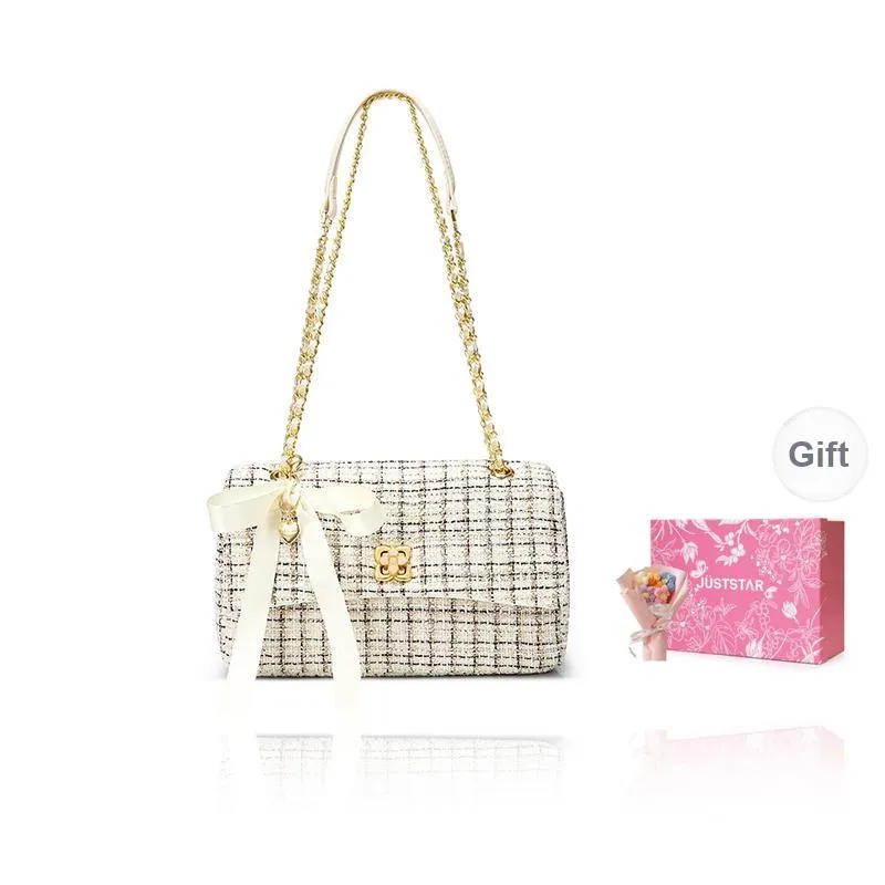 JUST STAR Tweed Shoulder Bag Women's White Black Blue-0