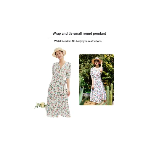 GOELIA Абрикос с Принт Женские Короткие Платья с Рукавами