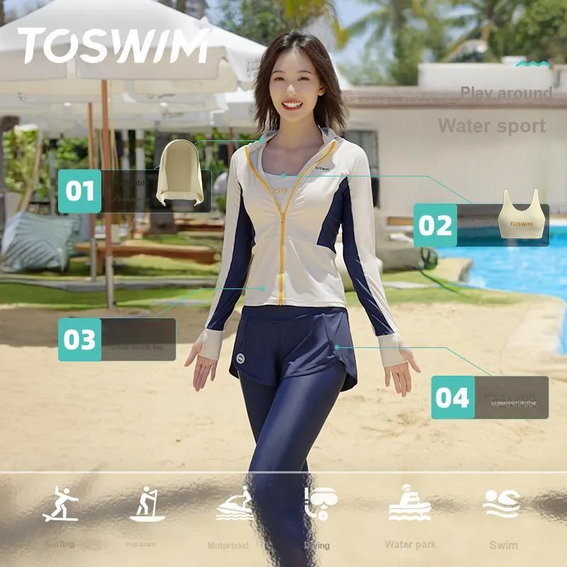 TOSWIM Two Piece Swimsuits Women's [Blazing Clouds And Flowing Crimson]Coat+Tank Top+Swimming Shorts-4