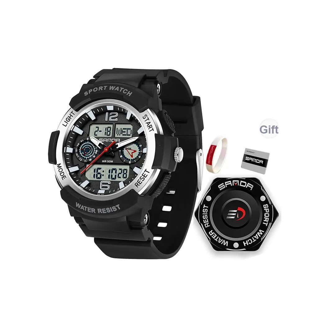 Sanda Электронный + Кварцевый механизм TPU Ремешок Часы Мужские Черный Циферблат