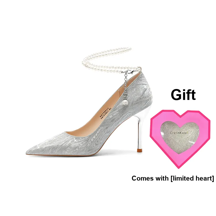 Crelinkxlat Rhinestone Butterfly Slim Heel High Heels Women's Silver