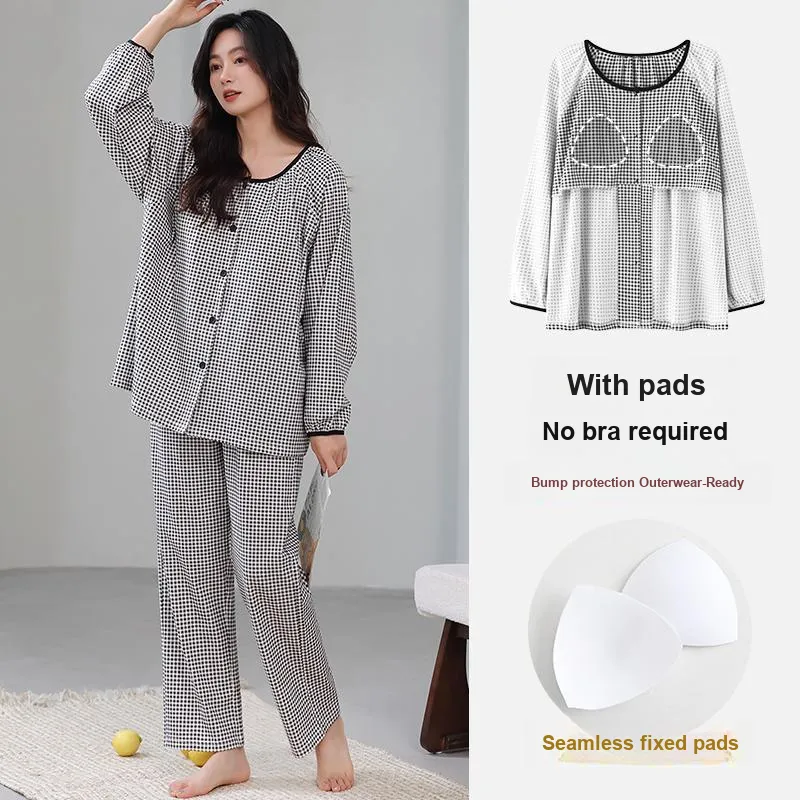 Cotton Gene Pajama Set Women's Black White Plaid-1