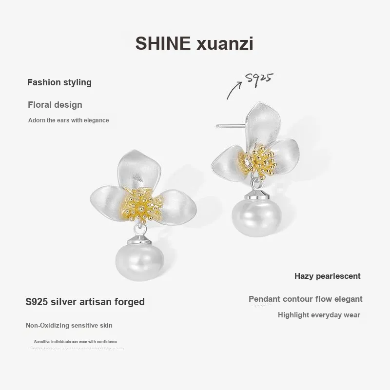 SHINE S925 Silver, Copper, Shell Pearl Earrings Women's-4