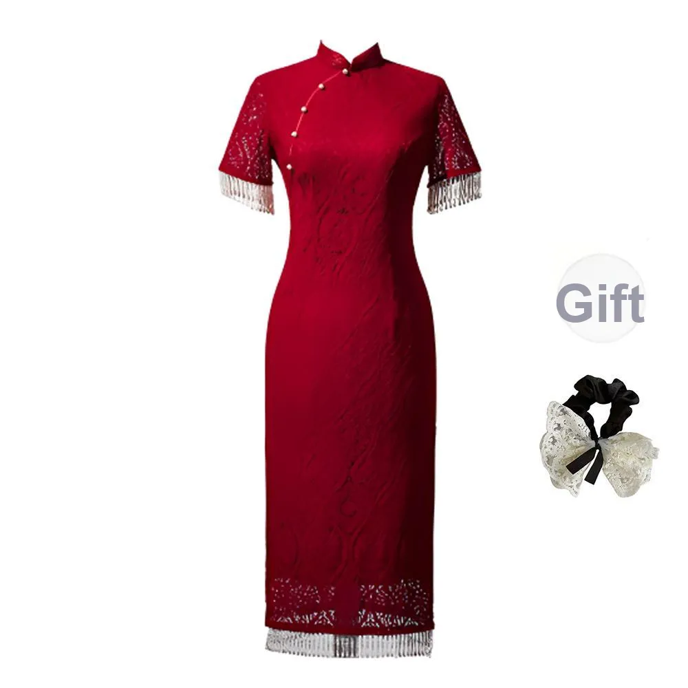 PAVEA Short Sleeved Dress Women's Burgundy+Hair Tie Comes With