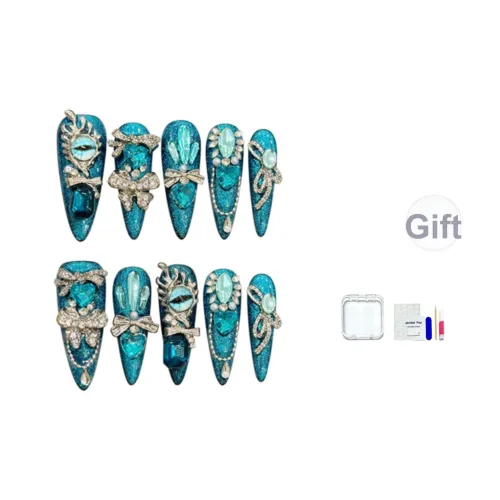 JINGCHANXUE [Beyond] Глаз демона Handcrafted False Nail Длинный Синий Градиентный Кошачий глаз 16 мм