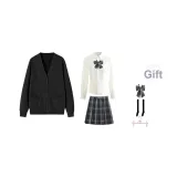 Black Cardigan+V-Neck Sleeve+Dark Night Killer Short Skirt, Includes Bow Ties+Calf Socks+Hanger