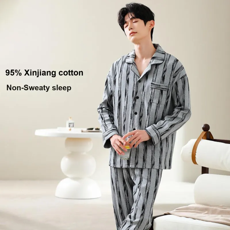 GUJIN Pajama Set Men's 1Gray Stripes-3