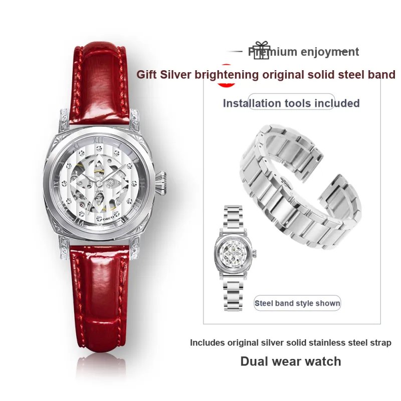 ORCO Automatic Mechanical Movement Cowhide Strap Watch Women's Watch White Dial-19