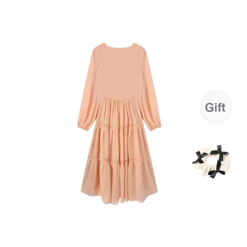 XUOIZA Long Sleeved Dress Women's Nude Pink Comes With Bowknot Hair Tie-1