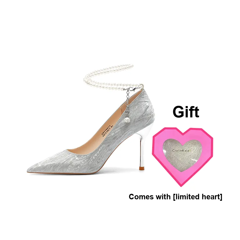 Crelinkxlat Rhinestone Butterfly Slim Heel High Heels Women's Silver