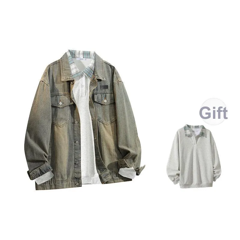 OGEK Denim Jacket Unisex Washed Yellow Mud Includes Gray White Polo+Brooch