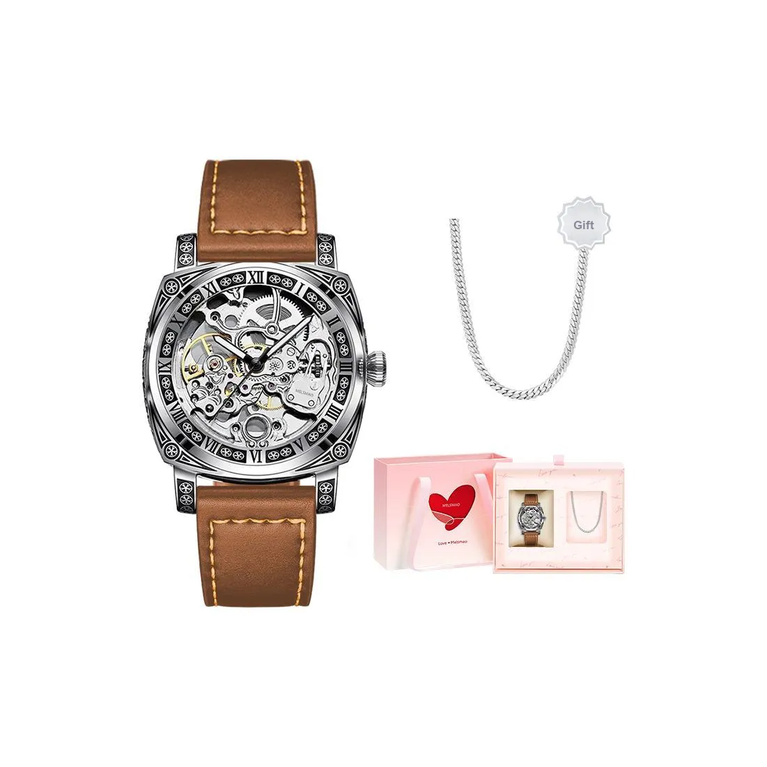 MELSMAO Механические часы Кожаный ремешок Мужские часы Черный циферблат