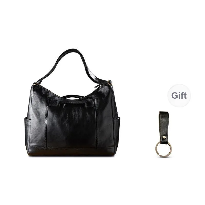 Simple&nature Top Grain Cow Leather Shoulder Bag Unisex Black-0
