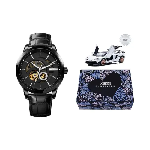 LOBINNI L Автоматический Механический Механизм Естественная Кожа Ремешок Часы Мужские Черный Циферблат