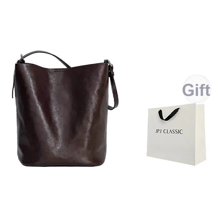 JPJ Растительное дубление Коровья кожа Сумка на плечо Средний Женская Горячий какао Премиум черный