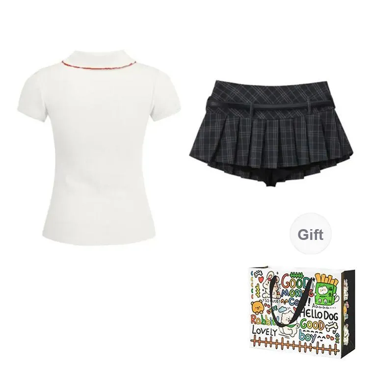 OURUOKE Two Piece Skirt Sets Women's Top+Plaid Short Skirt Shopping Bag-1