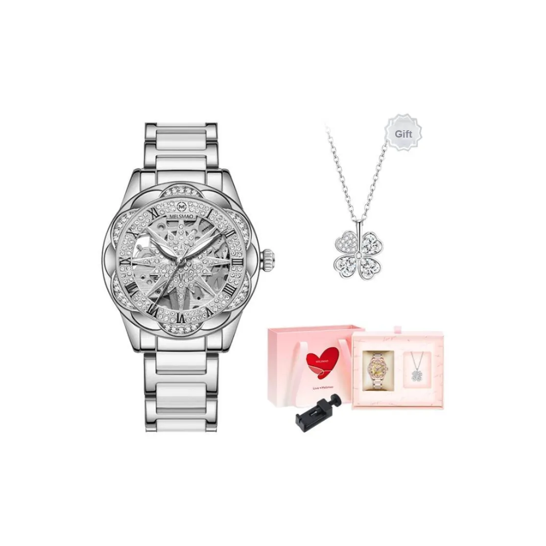 MELSMAO Snowflake Queen Mechanical Movement Ceramic Strap Watch Women's Watch Silver Dial