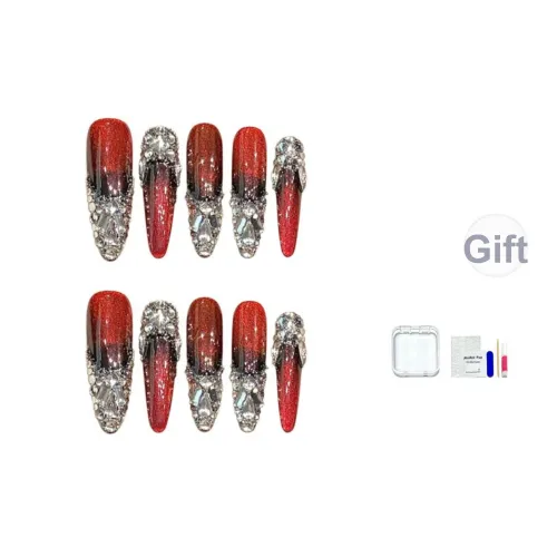 JINGCHANXUE Ручной работы Полностью украшенный горным хрусталем Тяжелый Бургунди False Nail Овал Роскошь Градиент Кошачий глаз 20 мм