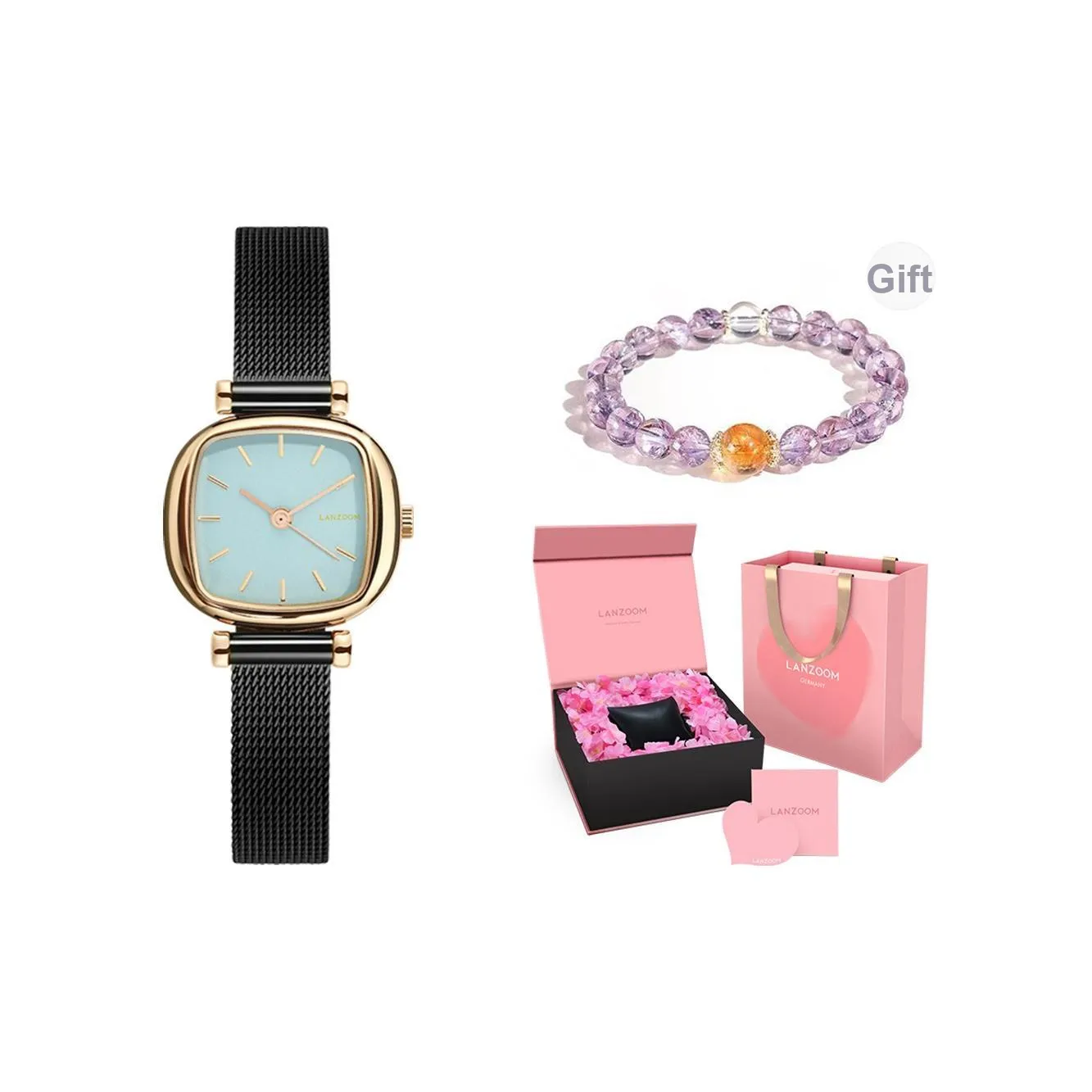 LANZOOM Tiffany Blue Sugar Cube Кварцевый механизм Женские часы Обхват запястья Часы Синий циферблат Нержавеющая сталь Корпус часов