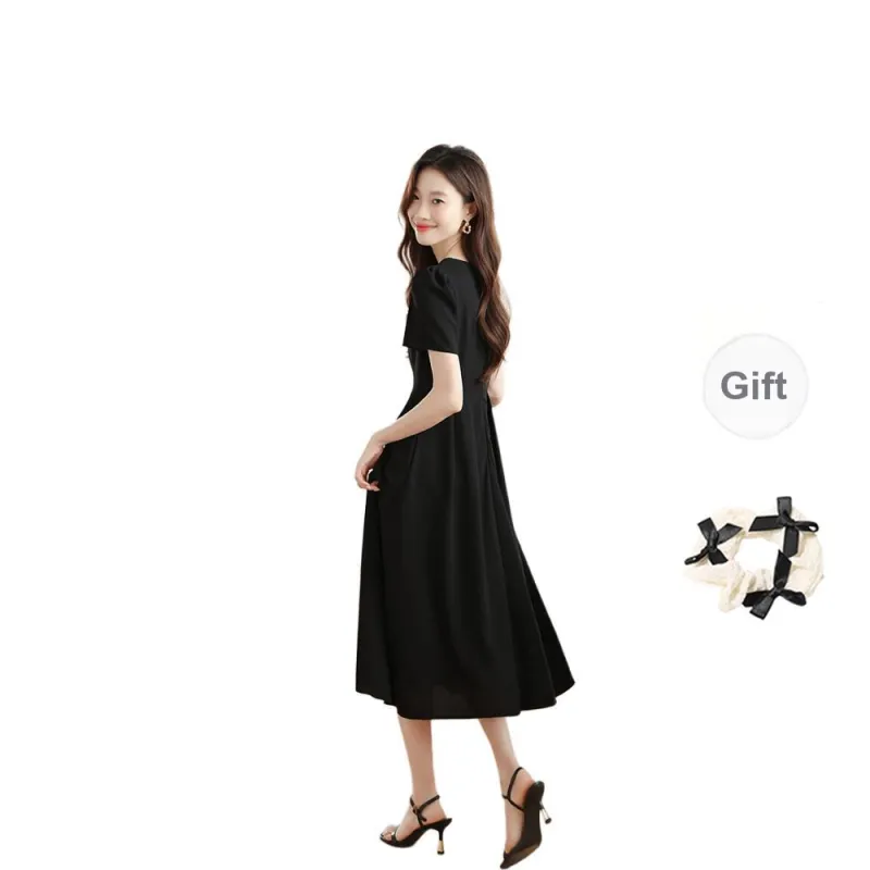 TORIGHT Short Sleeved Dress Women's Black+Bowknot Hair Tie Comes With-1