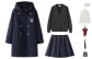 Dark Blue Coat (Lining Padded)+Dark Purple Plaid Skirt, Comes with Free Cardigan+Shirt+Tie+Badge