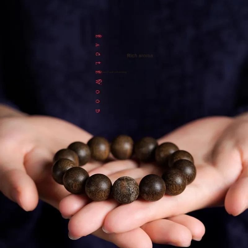 FANGYUANXIAOFU Aromatic Agarwood Single Plain Bead Chinese Style Fortune Beaded Bracelet Unisex-25