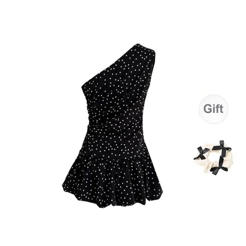 TORIGHT Sleeveless Dress Women's Black Polka Dot+Bowknot Hair Tie Comes With-1