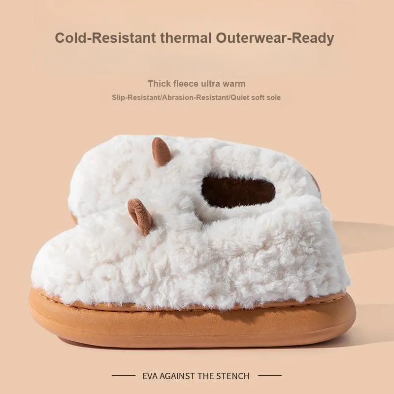 Foot Recreation 3D Effect Small Ears Solid Color Fleece Slippers Winter Home Indoor Warm Cotton Home Slippers Unisex-1