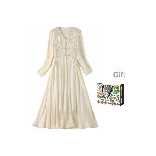 OURUOKE Длинное платье с длинными рукавами женское кремовый абрикос в комплекте сумка для покупок