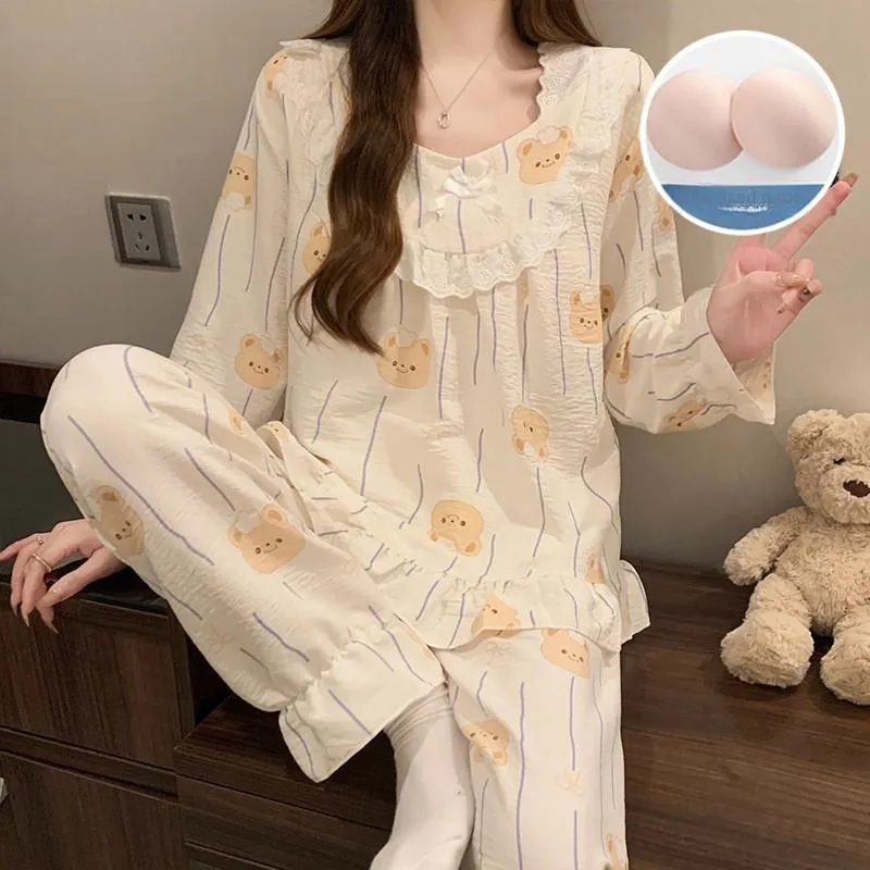 Pretty Lady Pajama Set Women's Apricot Base Bear-4