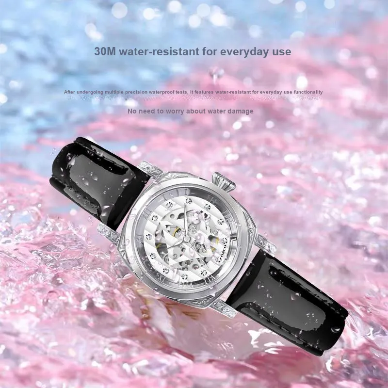 ORCO Automatic Mechanical Movement Cowhide Strap Watch Women's Watch White Dial-11