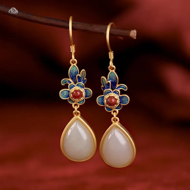 Fu Ru Ji Hetian Jade Earrings Pale Greenish White Jade Women's-3
