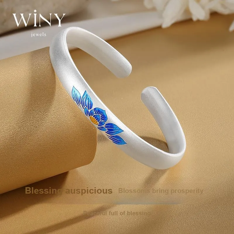 WINY 999 Fine Silver Bangles Women's Silver, Blue-2