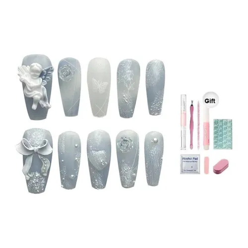 Meow Man A Туманно-голубой Ангел Матовый Сердце Жемчужный Прохладный Прохладный ветер False Nail MID Длина LADDER Стиль Сине-белый Градиентный